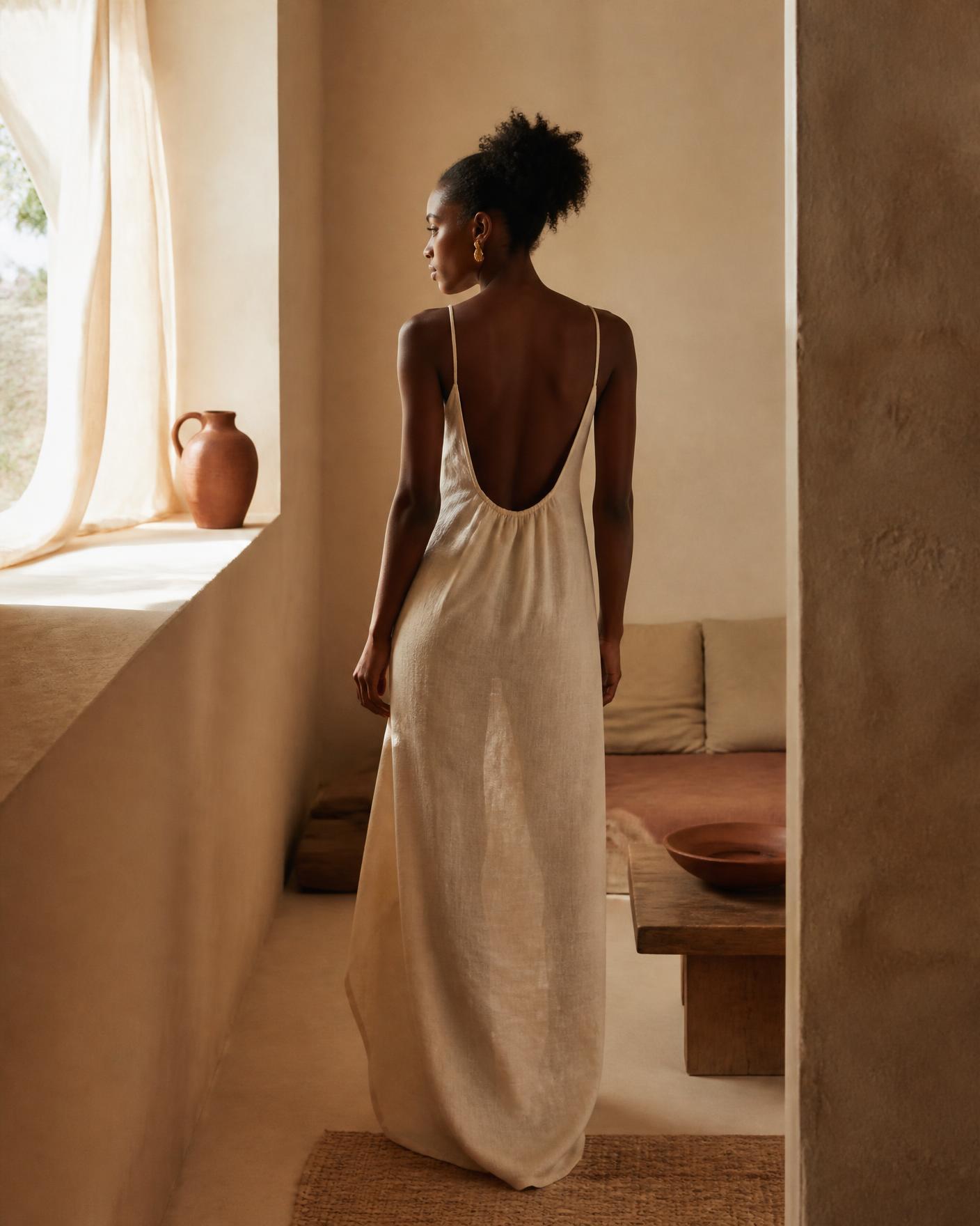 A woman standing in a sunlit, warm-toned room